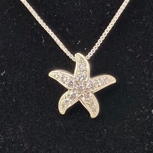 Sterling Silver Starfish Pendant Necklace with CZs, 1mm 925 Box Chain 18" 4.1g